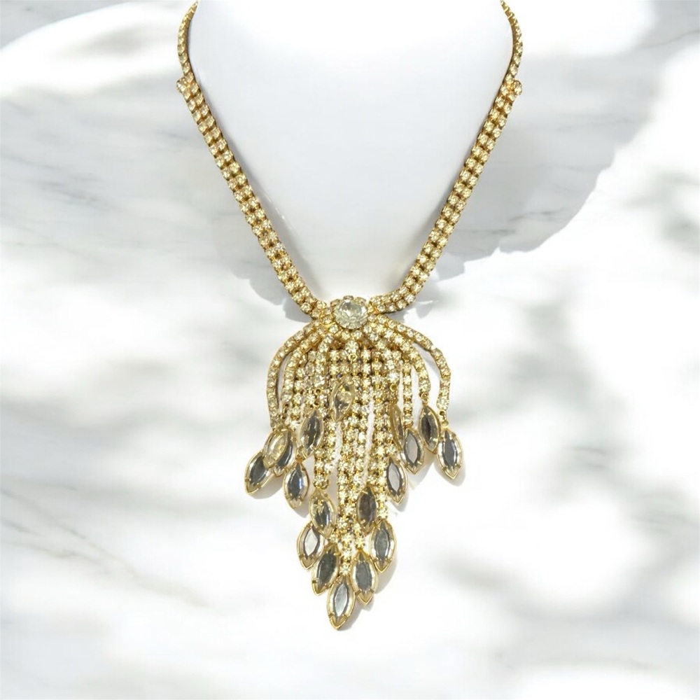 1960s Vintage Crystal and Rhinestone Waterfall Bib Necklace